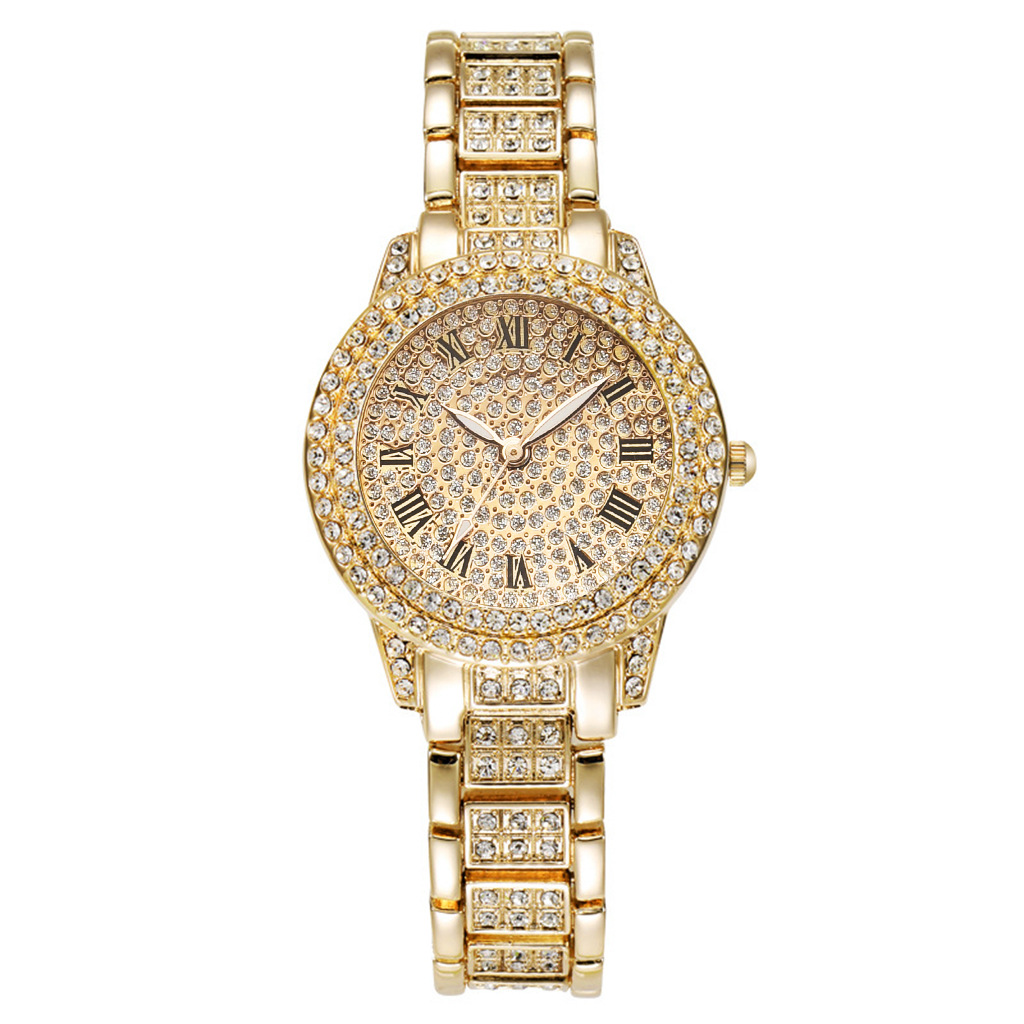 Full Diamond Roman Literal Steel Band Watch Gympani Elegant Business Quartz Watch Hip Hop Full Diamond Bracelet Set