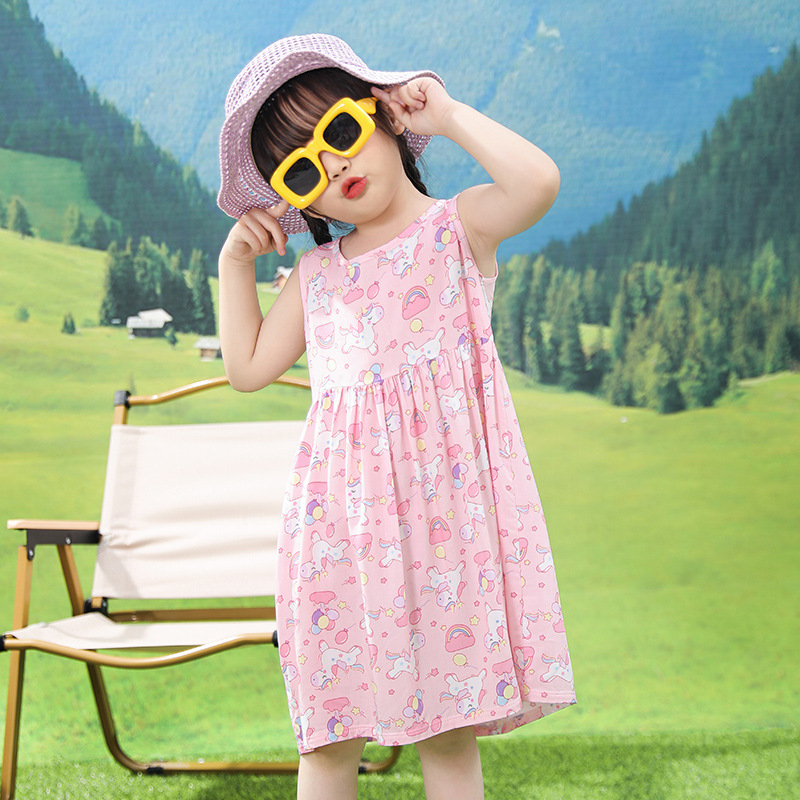 Girl's Dress Children's Clothing Home Clothes Baby's Cotton Silk Summer Pajamas Girl's Beach Princess Skirt mc