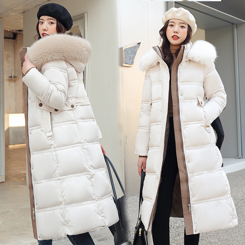  Winter New Down Cotton-padded Jacket Women's Long Over-the-Knee Large Wool Collar Slim-fit Slimming Waist Coat Cotton
