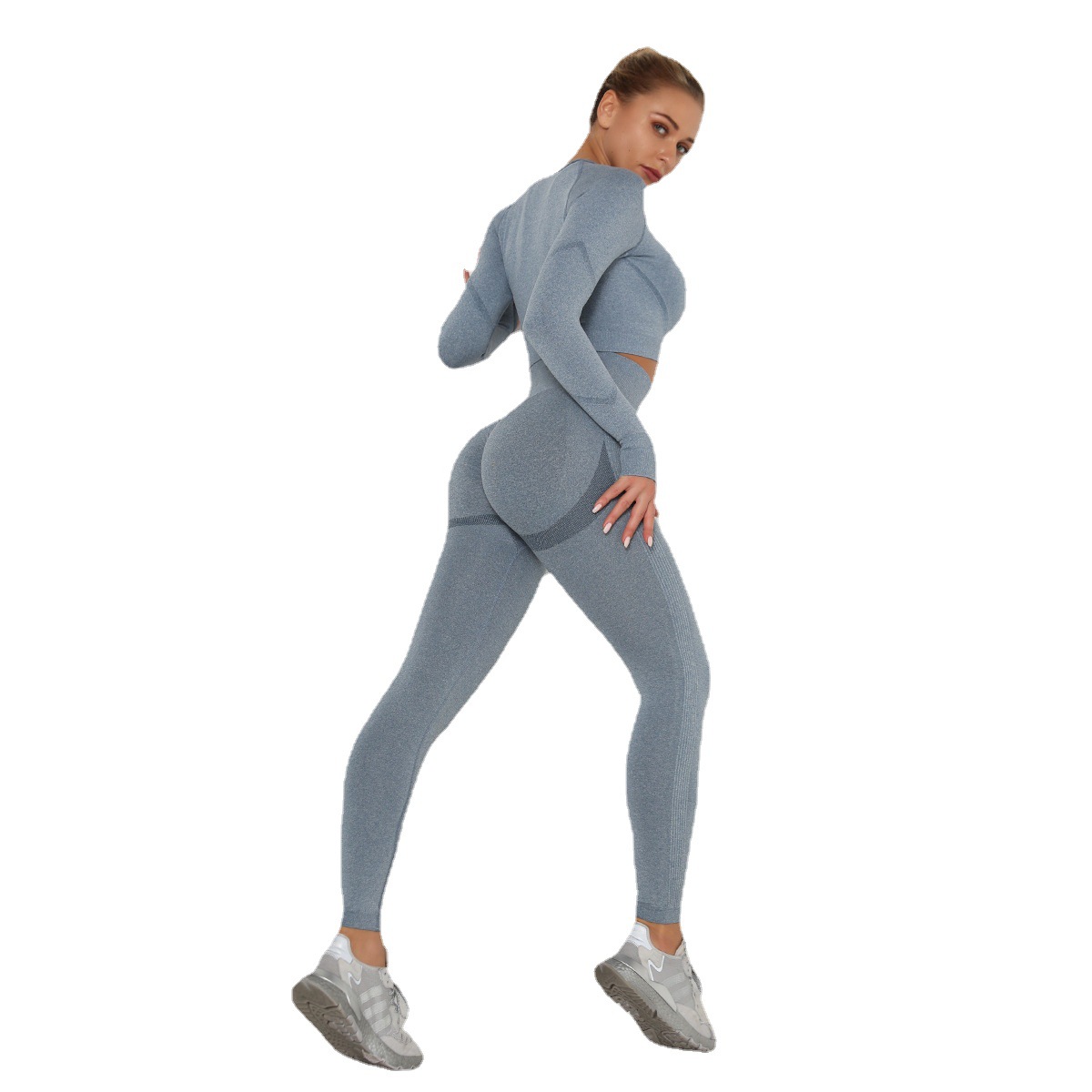 European and American Pleated Seamless Yoga Suit Women's High Waist Peach Tight Sports Long Sleeve Fitness Yoga Pants Two-piece Set