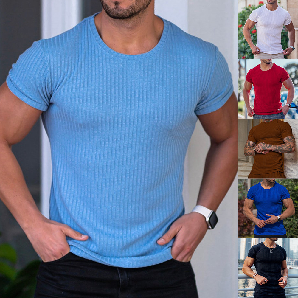 Europe and the United States cross-border foreign trade wish men's summer sports fitness leisure stand collar elastic vertical strip round neck short sleeve t-shirt
