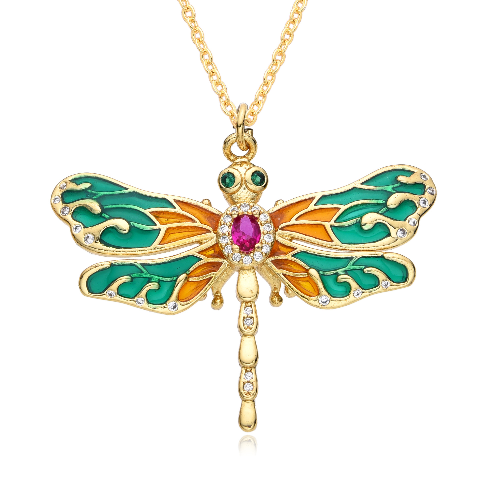 New women's fashion jewelry copper micro-inlaid color zircon pendant Dragonfly luxury design necklace temperament clavicle chain