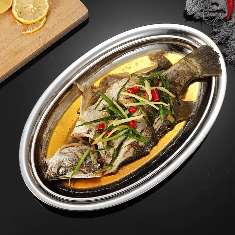 304 Food Grade Stainless Steel Fish Dish Household Steamed Fish Dish Oval Dish Plate for Barbecue Special Deep Large Size