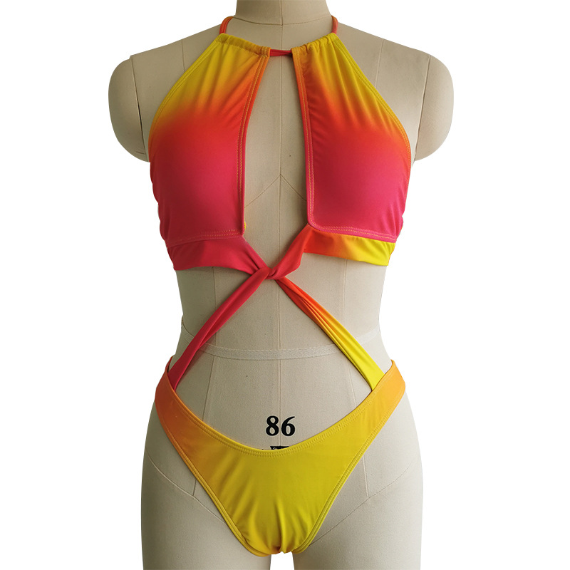 2024 New Large Size European and American Swimsuit Gradient Sexy Cross Gather One-piece Swimsuit