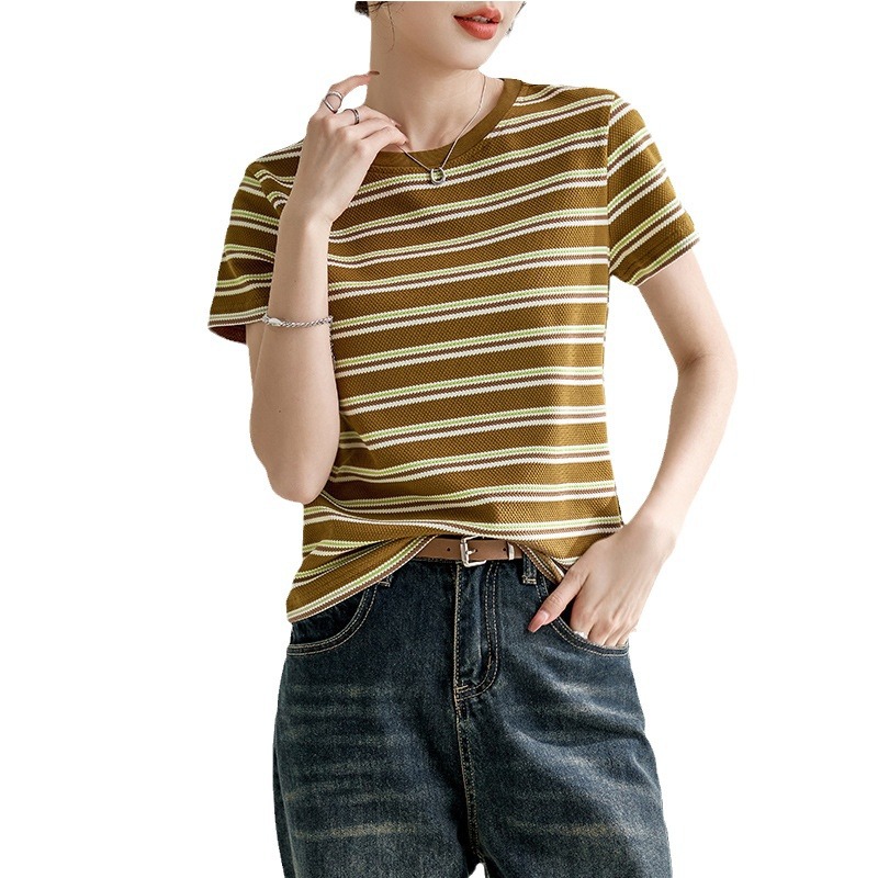 niche round neck texture short-sleeved T-shirt for women 2024 spring and summer new shoulder slim striped pullover top
