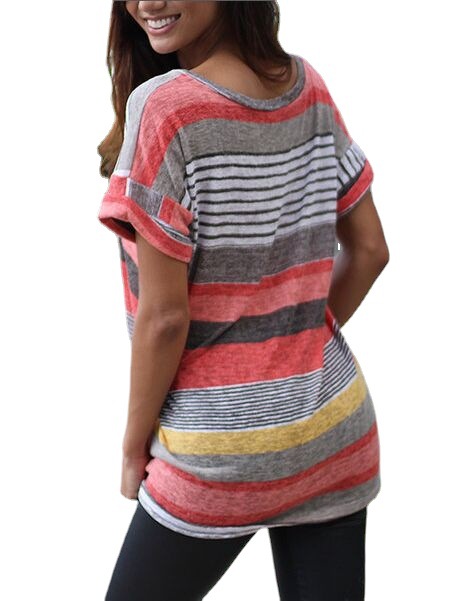  Summer Amazon AliExpress European and American Clothing Pocket Striped Bat Short Sleeve V Neck T-Shirt Top