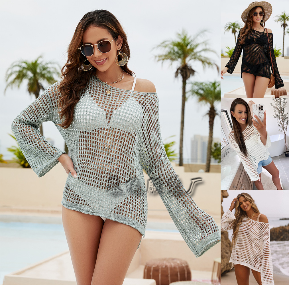 2023 Spring and Summer Cross-border European and American Knitwear Trumpet Sleeve Loose Sweater Women's Foreign Trade Round Neck Hollow Women's Knitwear