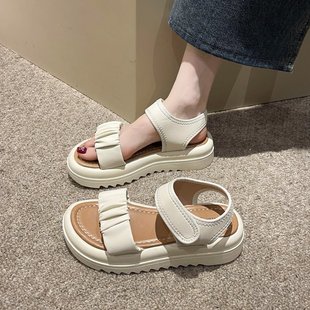 Thick-soled Beach Sandals for Women 2023 Summer New Style Easy to Match Trendy Shoes Soft Leather One-line Pleated Velcro Sandals