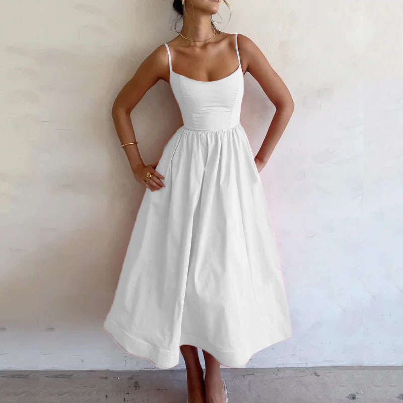 European and American Women's New 2025 Spring dress Solid Color Sexy U-Collar Waisted Pleated Sling dress