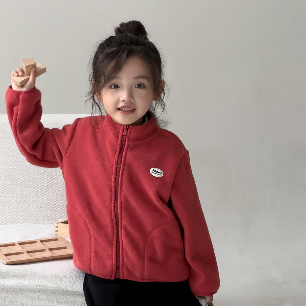 2023 children's double-sided polar fleece jacket autumn Boys Girls baby students solid color casual warm top