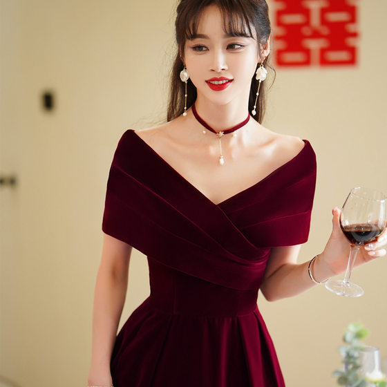 Toast dress bridal wedding engagement dress off-shoulder plus size pregnant women belly covering small wine red evening dress