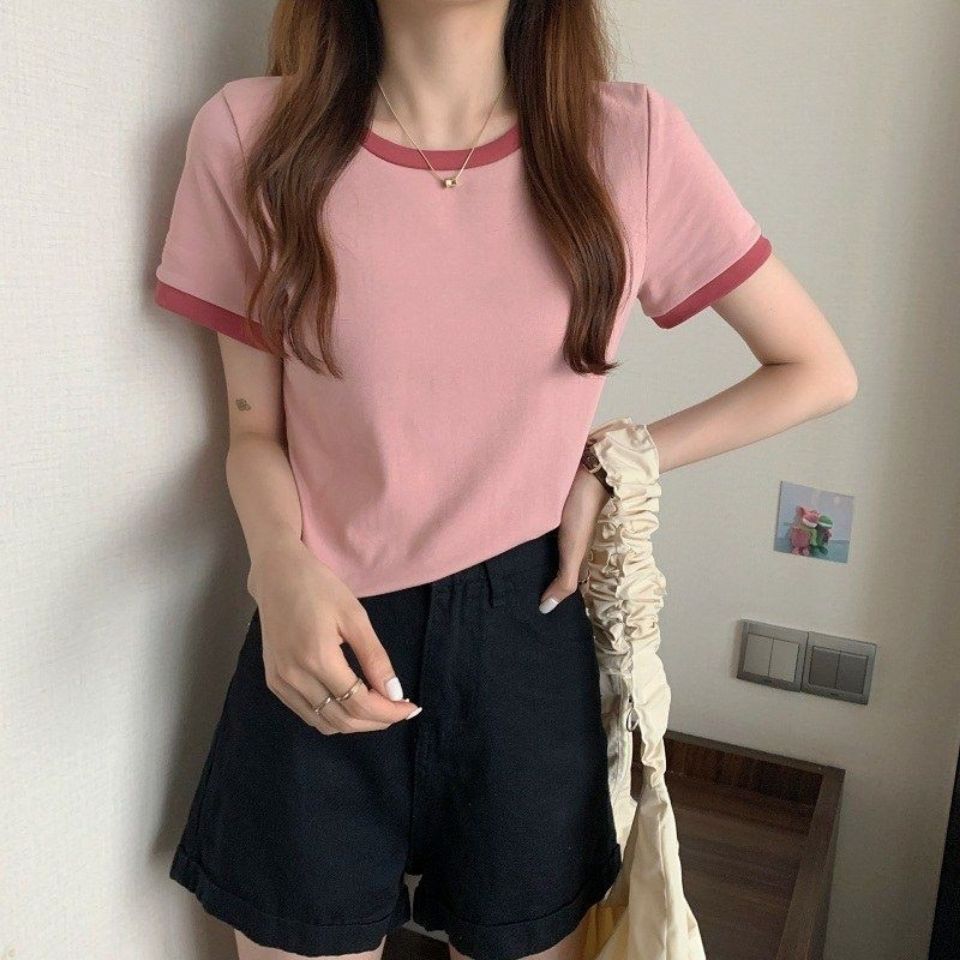 2022 New Summer Base Shirt Korean Slim-fit Short Student Top Trendy Contrast Crewneck Short-sleeved T-shirt for Women