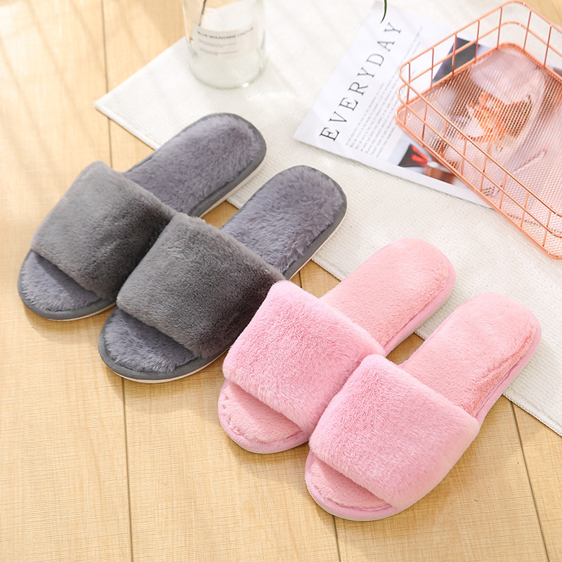 Autumn and Winter Plush Cotton Slippers Home Indoor Wooden Floor Non-slip Imitation Rabbit Hair Flat Slippers for Couple Men's and Women's Shoes
