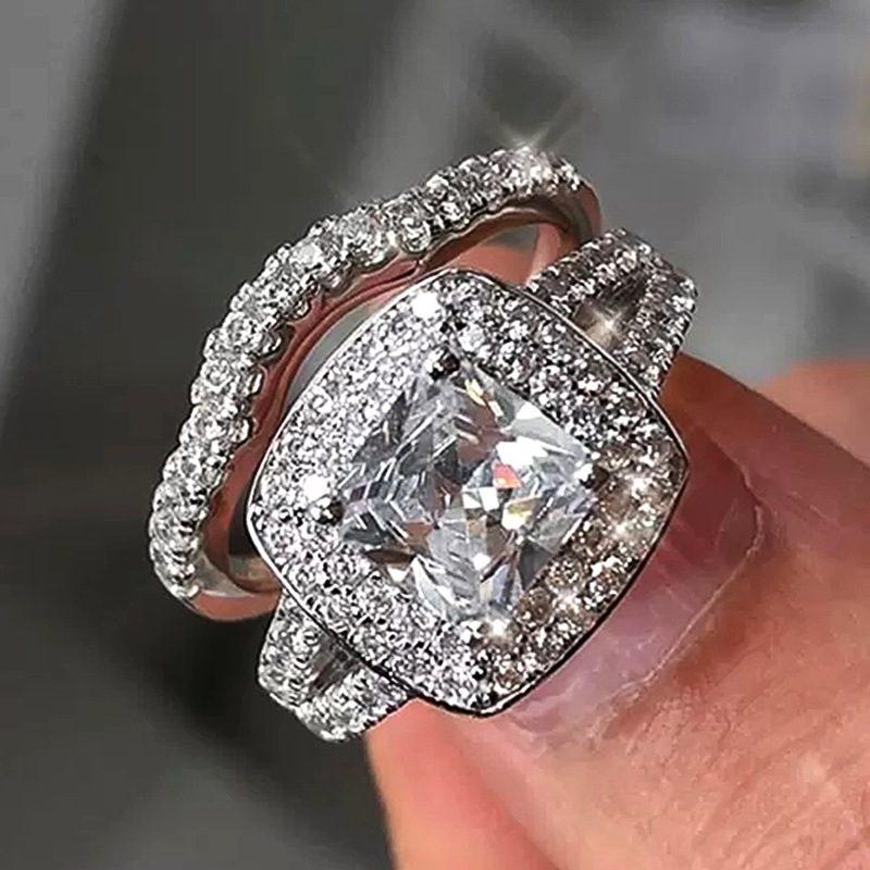 曹適歐美網紅ins風套戒 精美鋯石方鑽兩件套戒指 結婚紀念日禮物