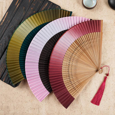 Fan folding fan ancient style women's solid color gradient golden green summer portable Jianghu Japanese fan wholesale