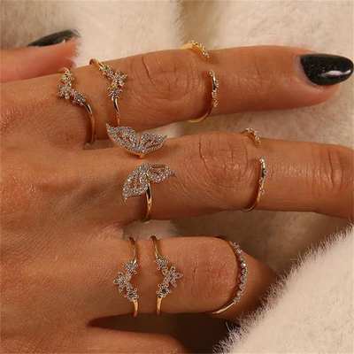 Amazon Foreign Trade New European and American Bohemian Style Ring Diamond Butterfly Joint 8-piece Ring Jewelry