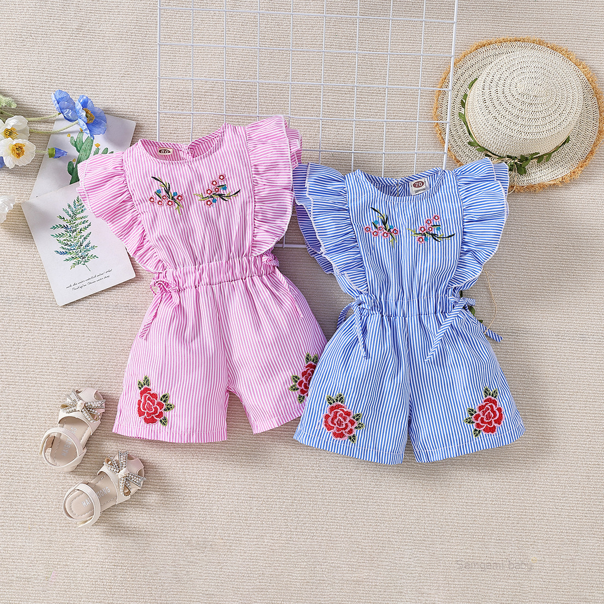  baby children's clothing summer baby striped jumpsuit girl's summer embroidered khaki climbing suit