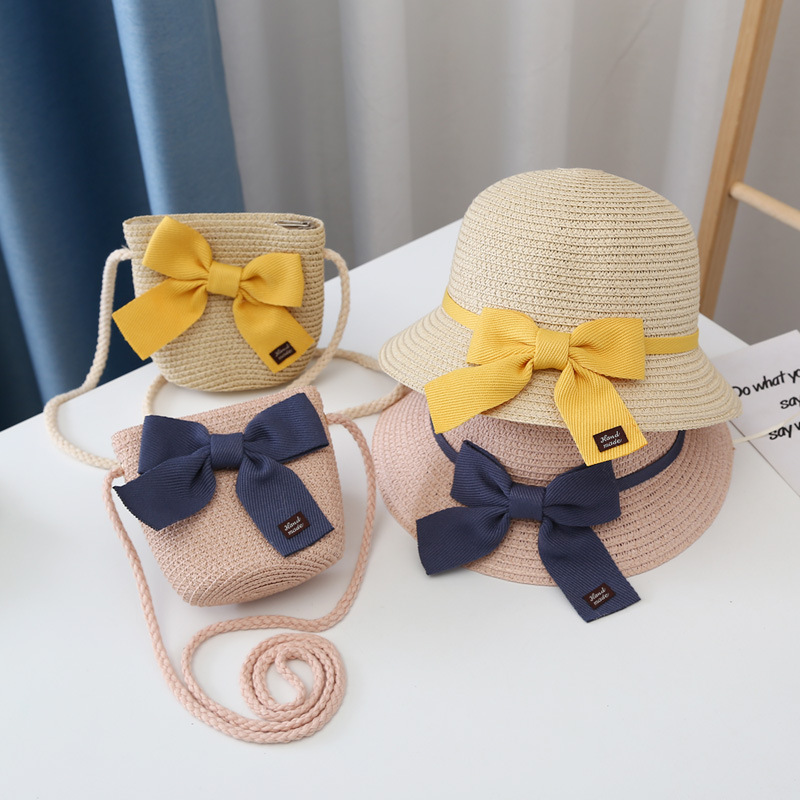 Children's Sunshade Hat Girls Summer New Straw Hat Coin Purse Bag Baby Sunscreen Beach Hat Fisherman Hat Wholesale