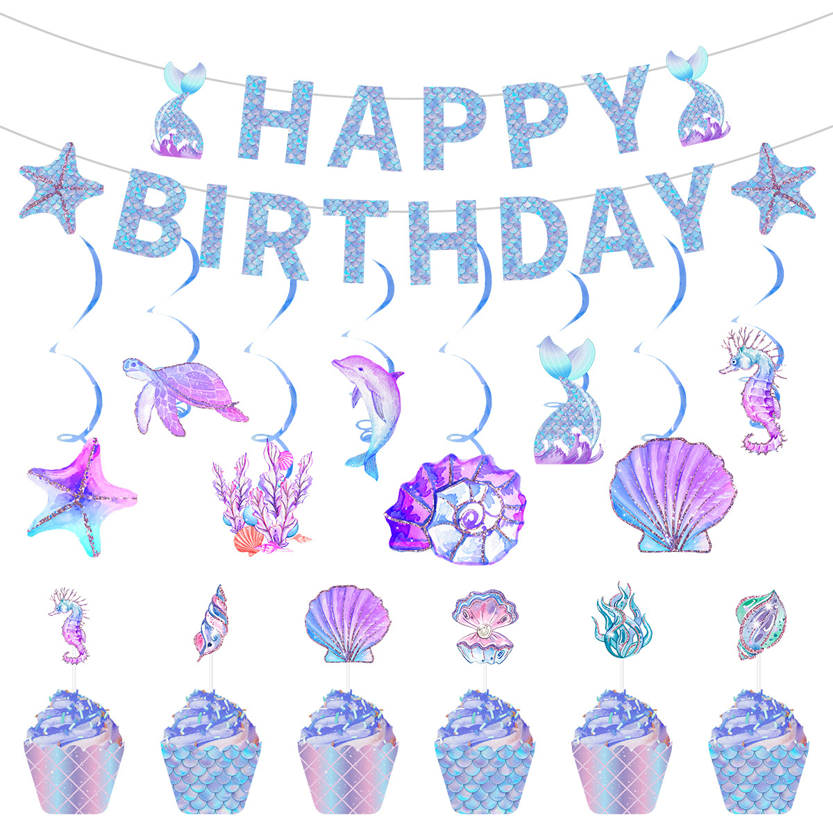 Cross-border 2023 Mermaid theme party decoration happy birthday flag cake insert card edge wholesale customization