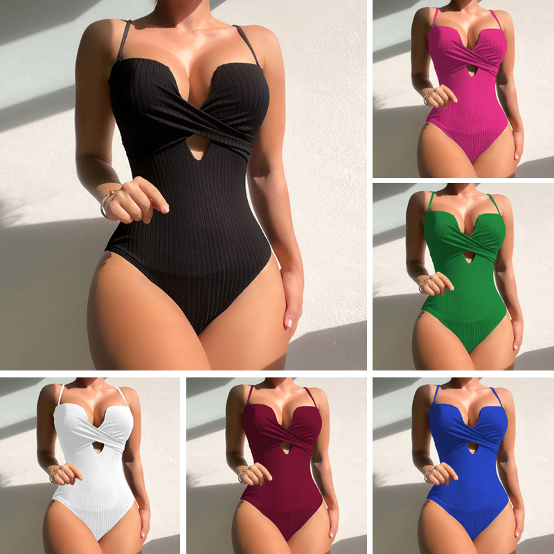 Solid Color Sexy European and American New One-piece Swimsuit Women's Belly-covered Slimming Multicolor Cross-border Export AliExpress Amazon