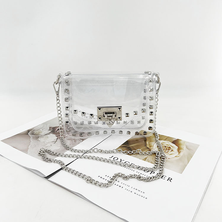 2023 New European and American Jelly Bag Rivet Decorative Transparent Bag Shoulder Crosbody Bag Chain Amazon Cross-border Fashion