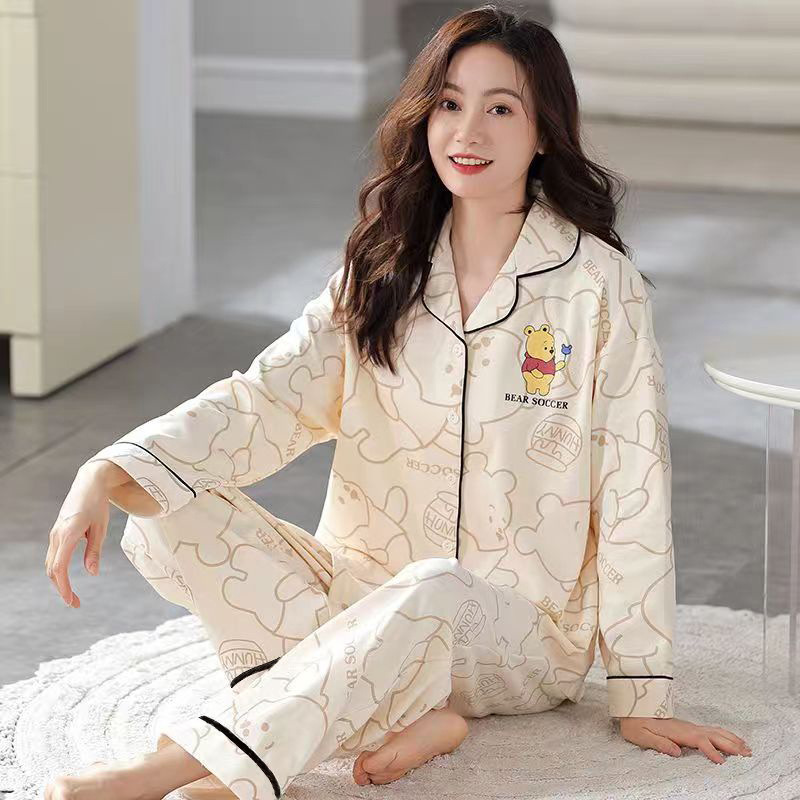 Pajamas Women's Spring and Autumn Cotton Thin Long Sleeve Outwear Autumn and Winter Cardigan Pajamas Women's Home Clothes Suit