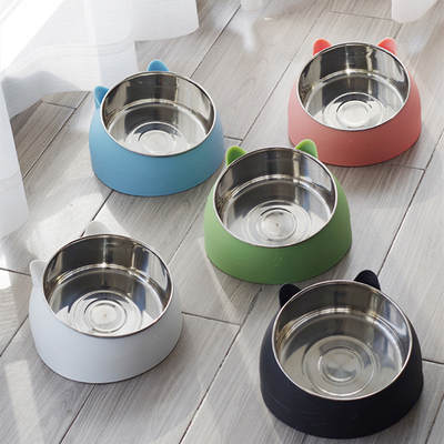 Net Celebrant Stainless Steel Cat Bowl Dog Bowl Double Bowl Protection Cervical Spine Cat Bowl Oblique Explosive Pet Food Basin Cat Supplies