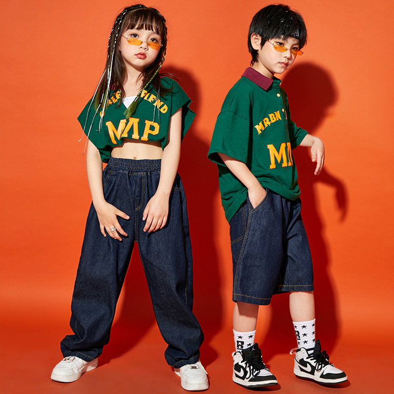 2022春兒童街舞演出服夏季拼接Polo短袖男童跳舞套裝女童少兒潮服