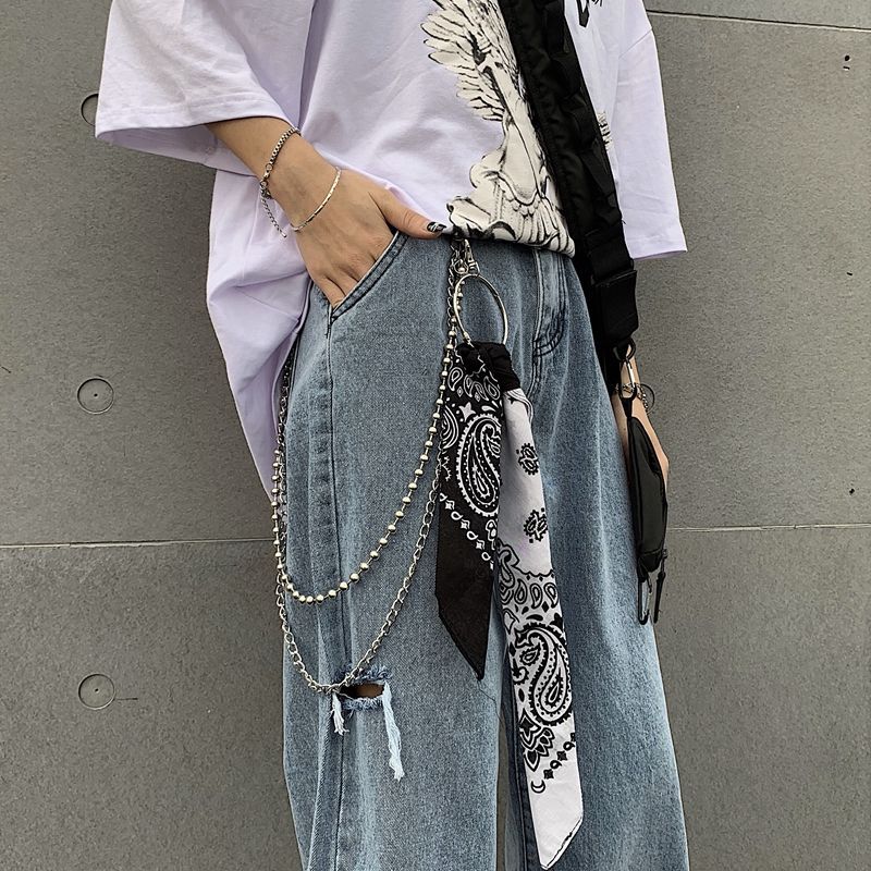 В Корейском стиле INS Harajuku BF Style Ретро хип-хоп Супер горячая пряжка на талии двухцветный шелковый шарф с цветком на талии двухслойный костюм с цепочкой для мужчин и женщин