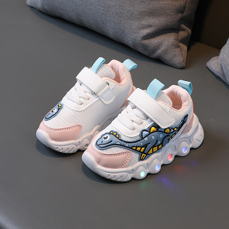 Popular boys and girls dinosaur sneaker LED light spring and autumn new mesh breathable elastic slip-on children's shoes
