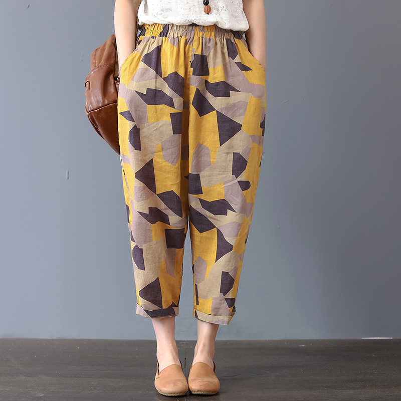 New Cotton Harlan Pants Thin Breathable Artistic Retro Fashion Cotton Linen Cropped Pocket Summer Loose Printed Cotton Pants Large Size