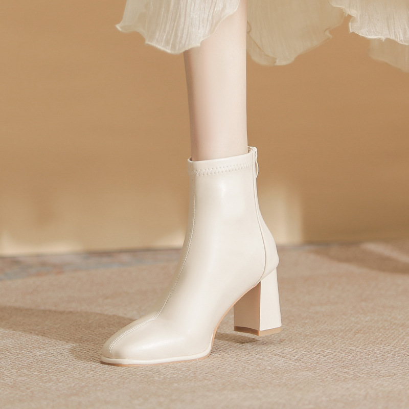 Short boots women's high heel chunky heel 2023 new boots white French square toe autumn and winter single boots fashion mid-calf thin boots