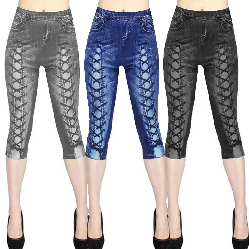 Spot European and American AliExpress WISH explosion digital printing denim sports pocket leggings yoga pants large size