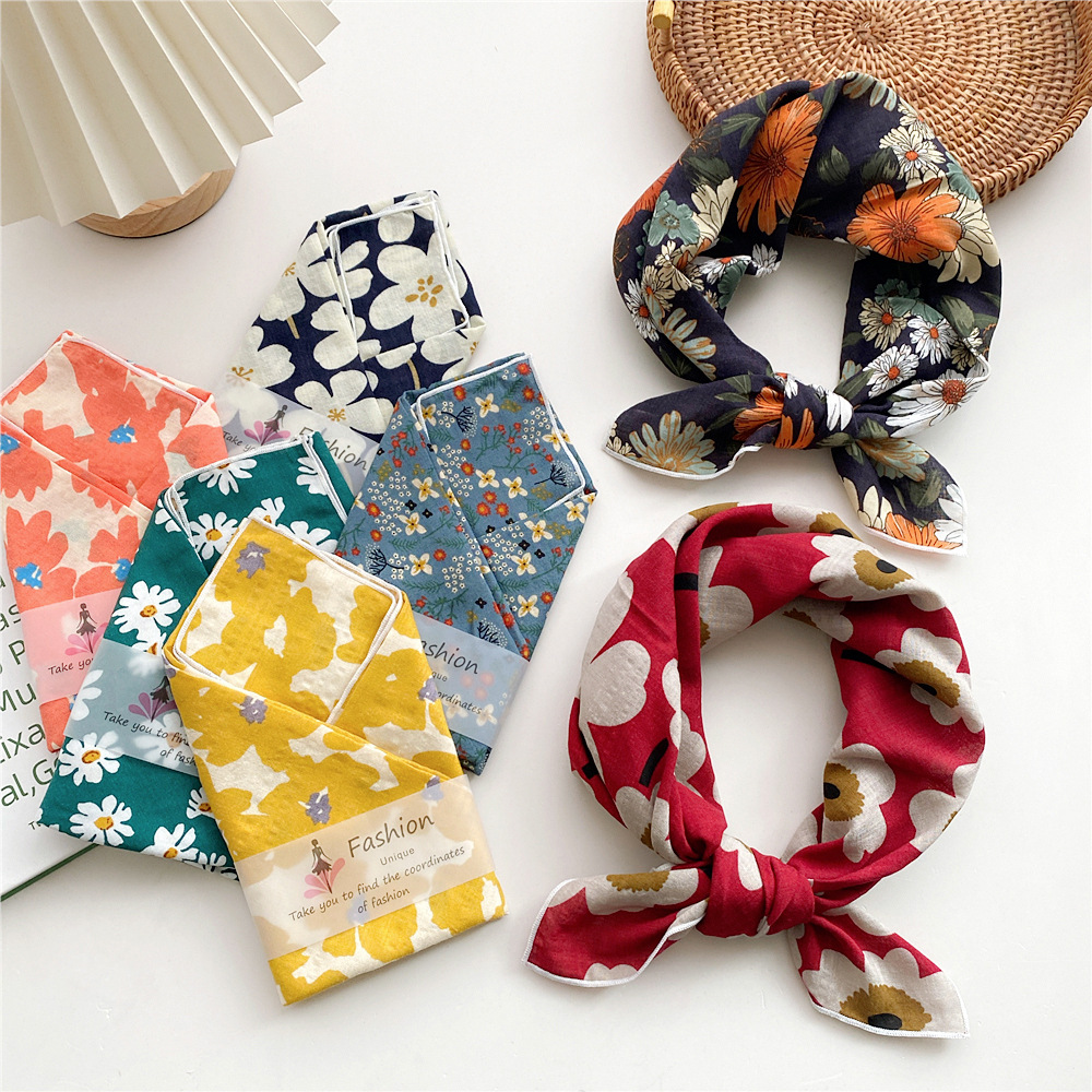 55 Silk Scarf Hair Belt Cotton and Linen Small Square Scarf Women's Korean Literary All-match Fashion Spring and Autumn New Elegant Scarf