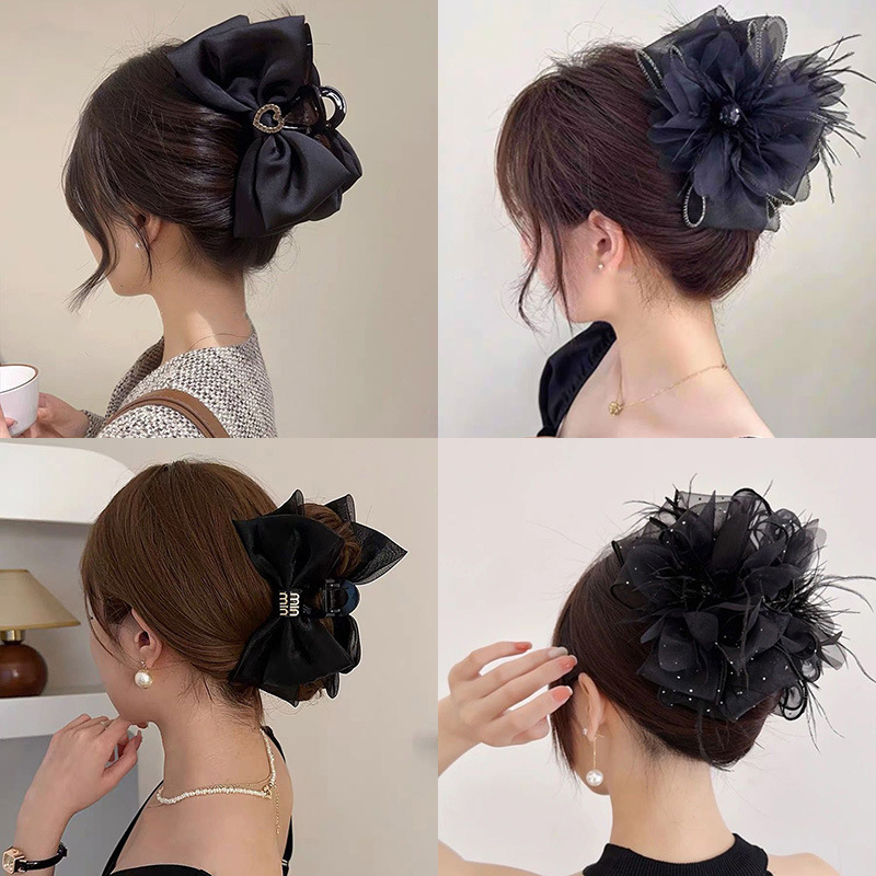 High-grade Satin Large Black Bow Shark Clip Headwear Square Diamond Back Hair Clip Women's Hair Clip