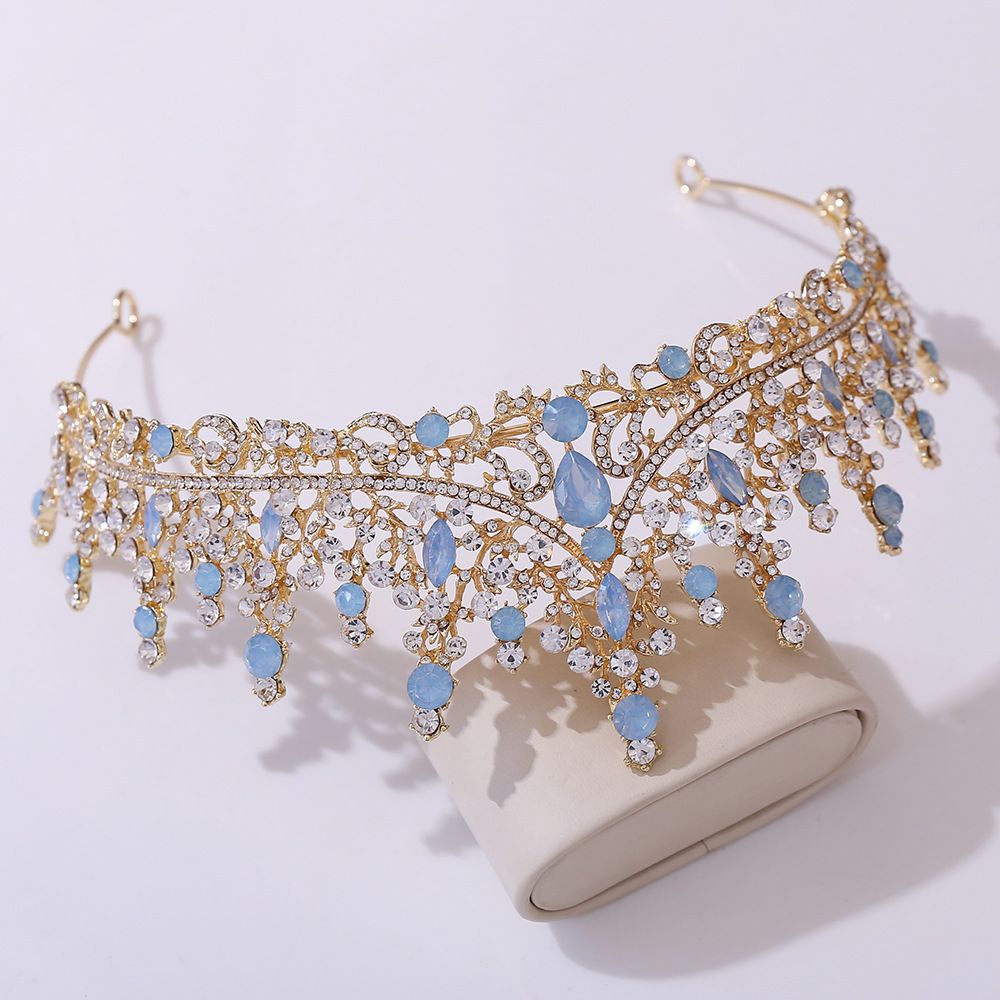 Cross-border hot sale wedding crystal headdress headband baroque inlaid blue jelly rhinestone bridal crown factory wholesale