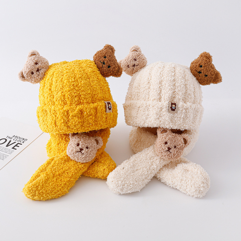Double Bear Plush baby hat autumn and winter baby boys' scarf two-piece children girls' warm cute wool hat