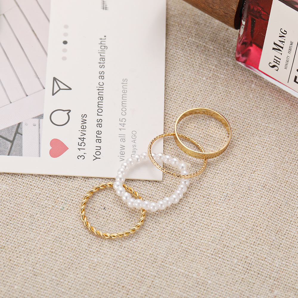 Ring Four-piece Set Combination Personalized ins Cool Style Simple Pearl Ring_voghion.com