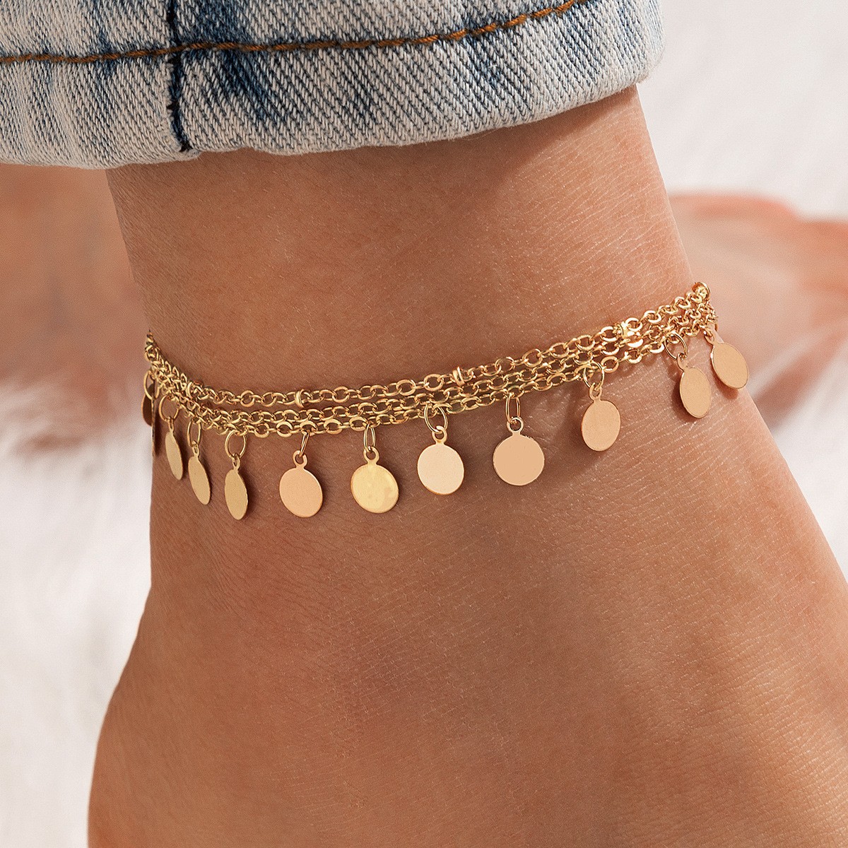 European and American Cross-border Hot Selling Jewelry Fashion Simple Round Tassel Three-piece Niche Design Personalized Women's Anklet