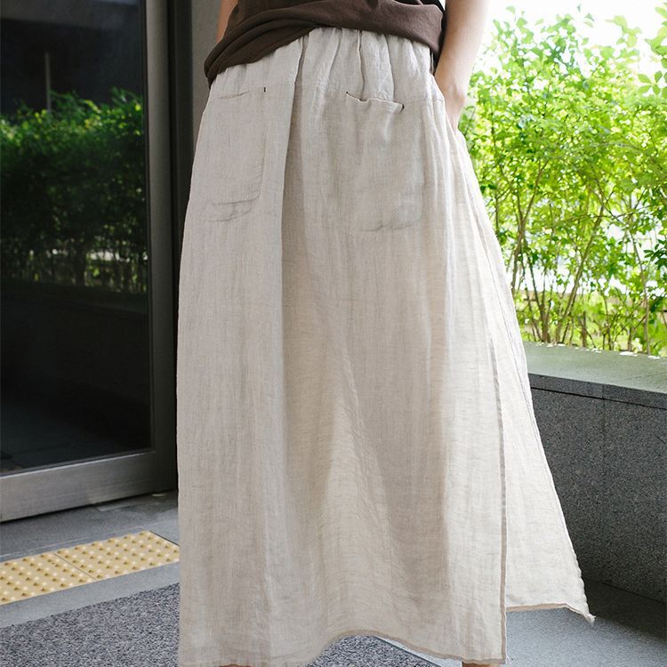 Linen large slit culottes one-piece women's spring and summer loose plus size casual cropped pants fake two-piece cotton linen wide-leg pants skirt