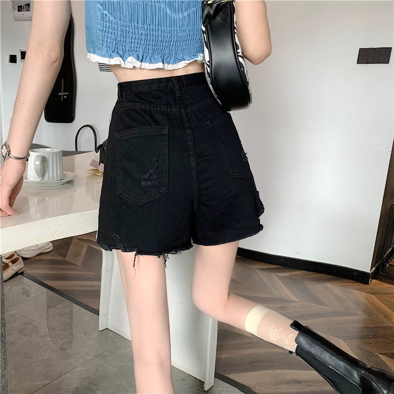 Black Jeans Shorts Women's 2024 Summer New Korean Style Ripped High Waist Slimming Hot Pants Spice Girls Wide Leg Pants