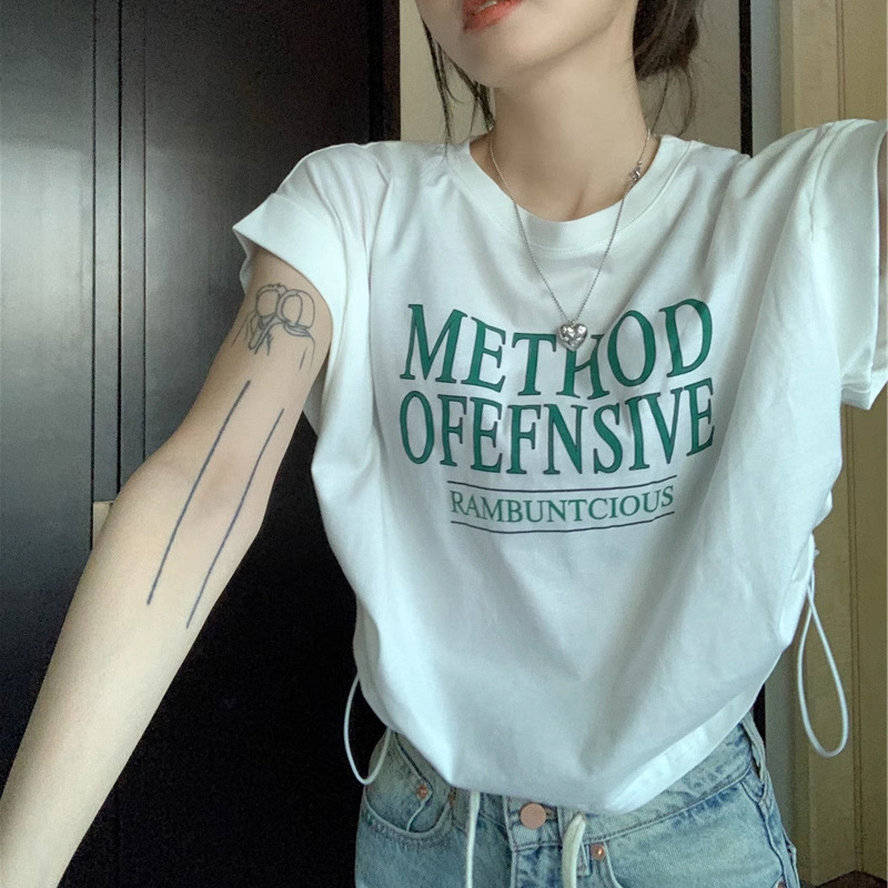 Design Sense Short-sleeved T-shirt Women's Summer Irregular Niche New Korean Style Chic Drawstring Loose Short Top ins