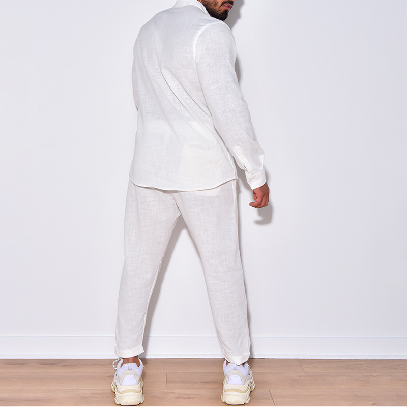 Cross-border European and American Men's Linen Autumn Casual Suit Long-sleeved One-piece Workwear Trousers Foreign Trade New Two-piece Men's Suit