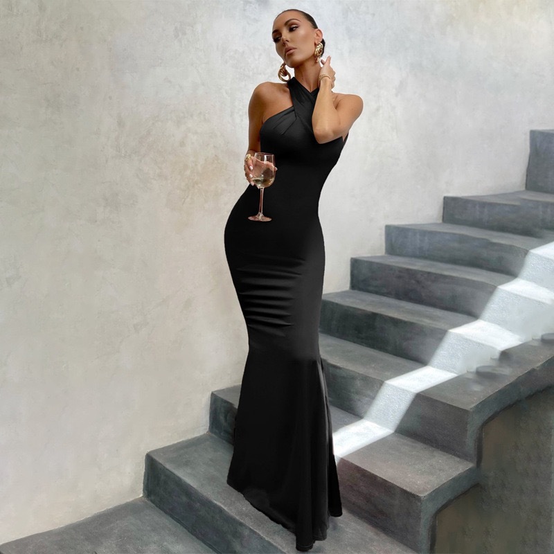 New Women's Solid Color Sleeveless Neck Slim-fit Sexy dress Slim-fit Backless Fishtail Long Dress