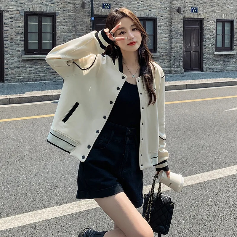 vintage Baseball Suit Women's 2023 New Spring and Autumn Collar Short Jacket Thin Casual Jacket ins Trendy