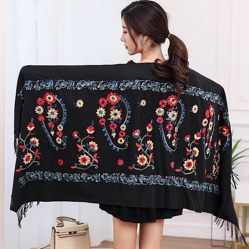 Autumn and Winter Explosions Flower Embroidered Cashmere Scarf Women's Ethnic Style Embroidered Shawl Thickened Warm Tassel Scarf for Women