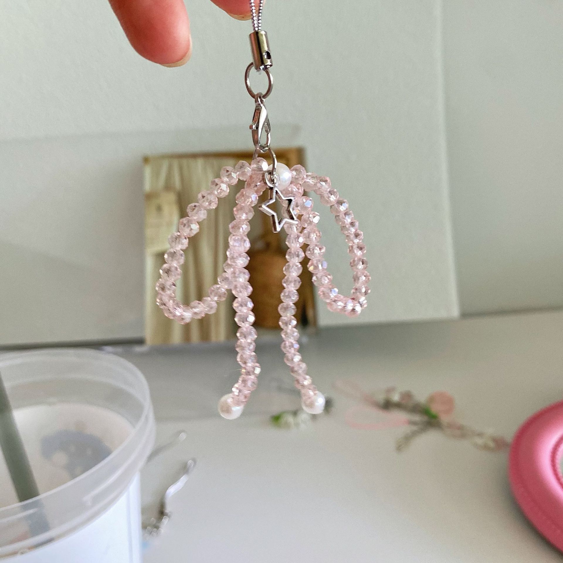 Handmade Water Crystal Butterfly Knot Phone Chain with Ins Style, Sweet Girl Heart Phone Chain, Handmade Bead Phone Chain with Cute Gumball Design