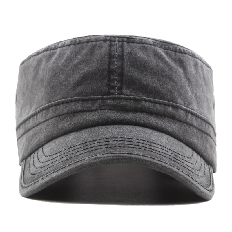 Amazon Hot Sale Flat Top Military Cap Men's Monochrome Washed Pure Cotton Curved Eave Cap Stainless Steel Filter Sun Hat