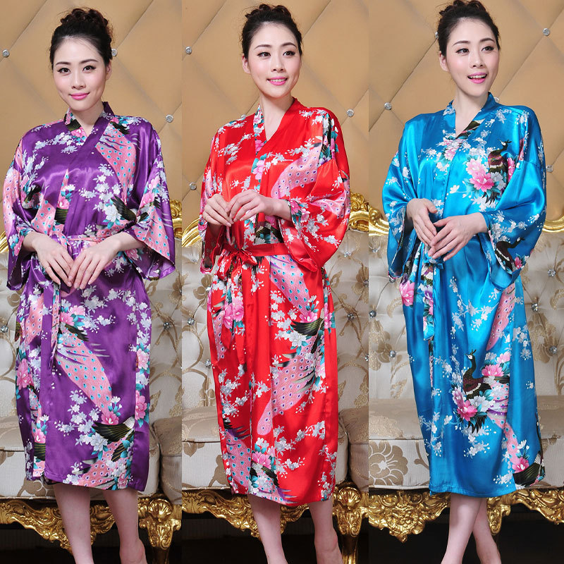 Factory Direct Supply Imitation Silk Peacock Nightgown Bathrobe Long Printed Summer Sexy Loose Large Size Lace-up Japanese Kimono
