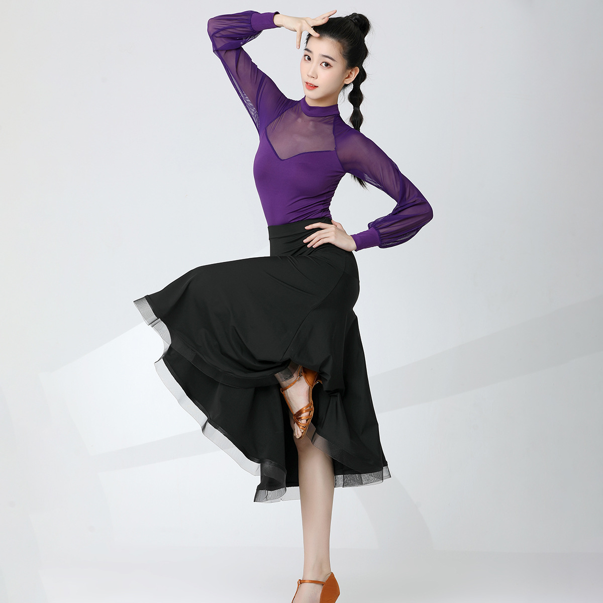 Modern dance gauze Princess Bubble lantern long sleeve black shirt New Latin dance adult women's body suit